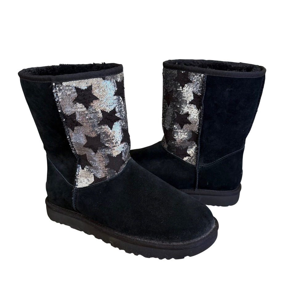 UGG Classic Short Star Sequin Sparkle Black Suede Boots Women Size 10 Excellent